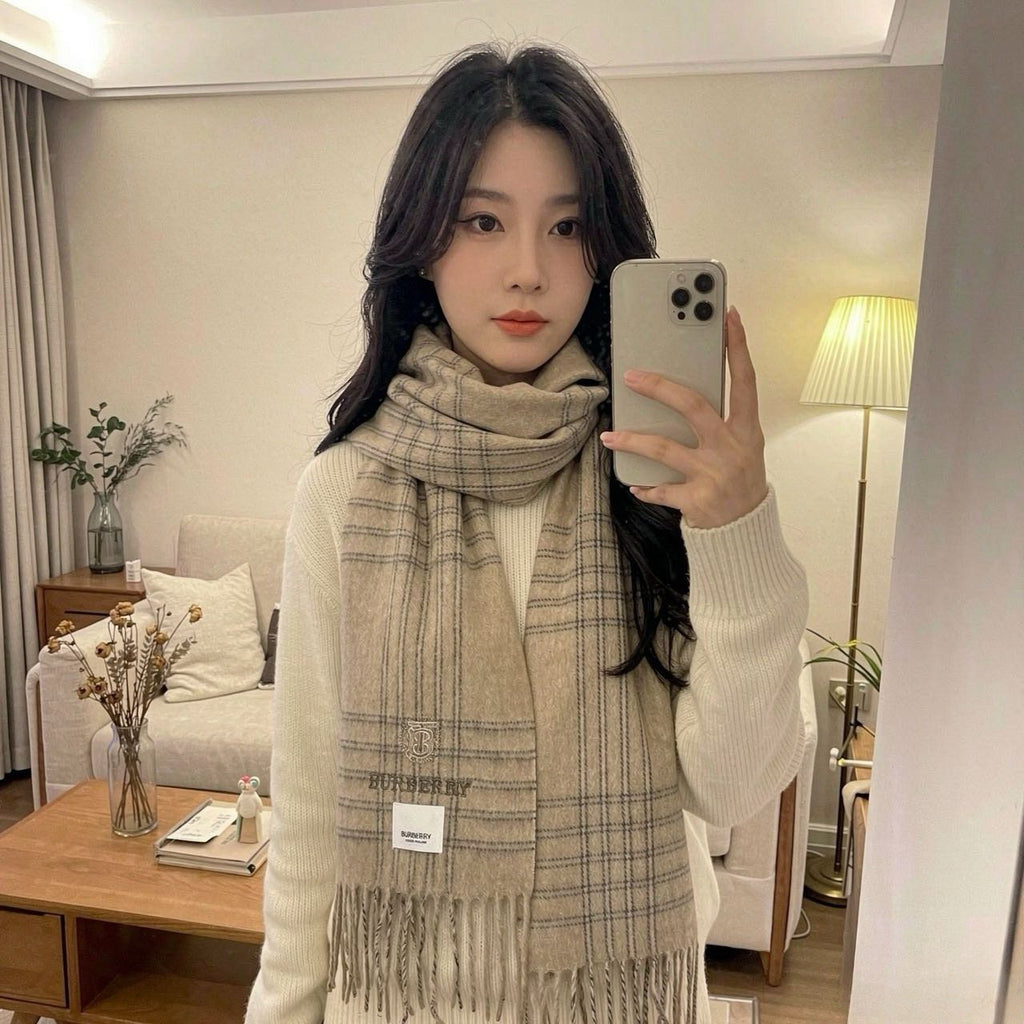 Burberry Plaid Fringe Scarf — model