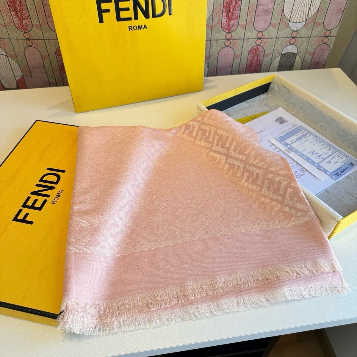 FENDI Fringed Geometric Monogram Scarf — front